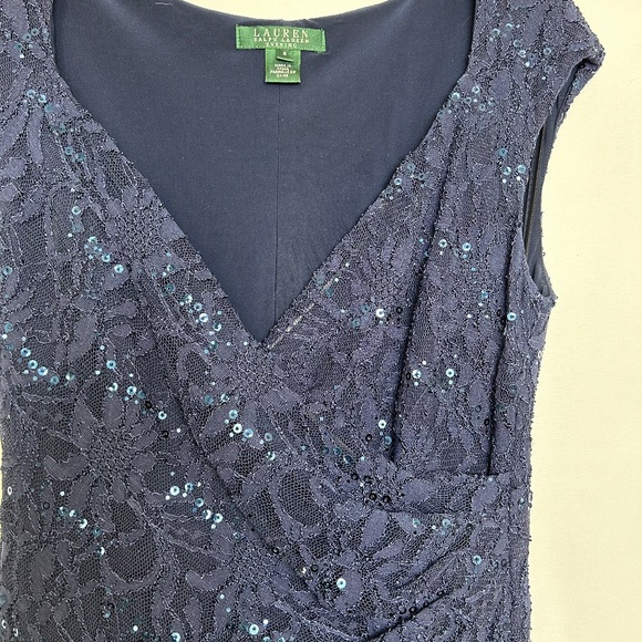 Lauren Ralph Lauren Evening Full Length Navy Blue‎ Lace and Beaded Dress - Picture 4 of 9